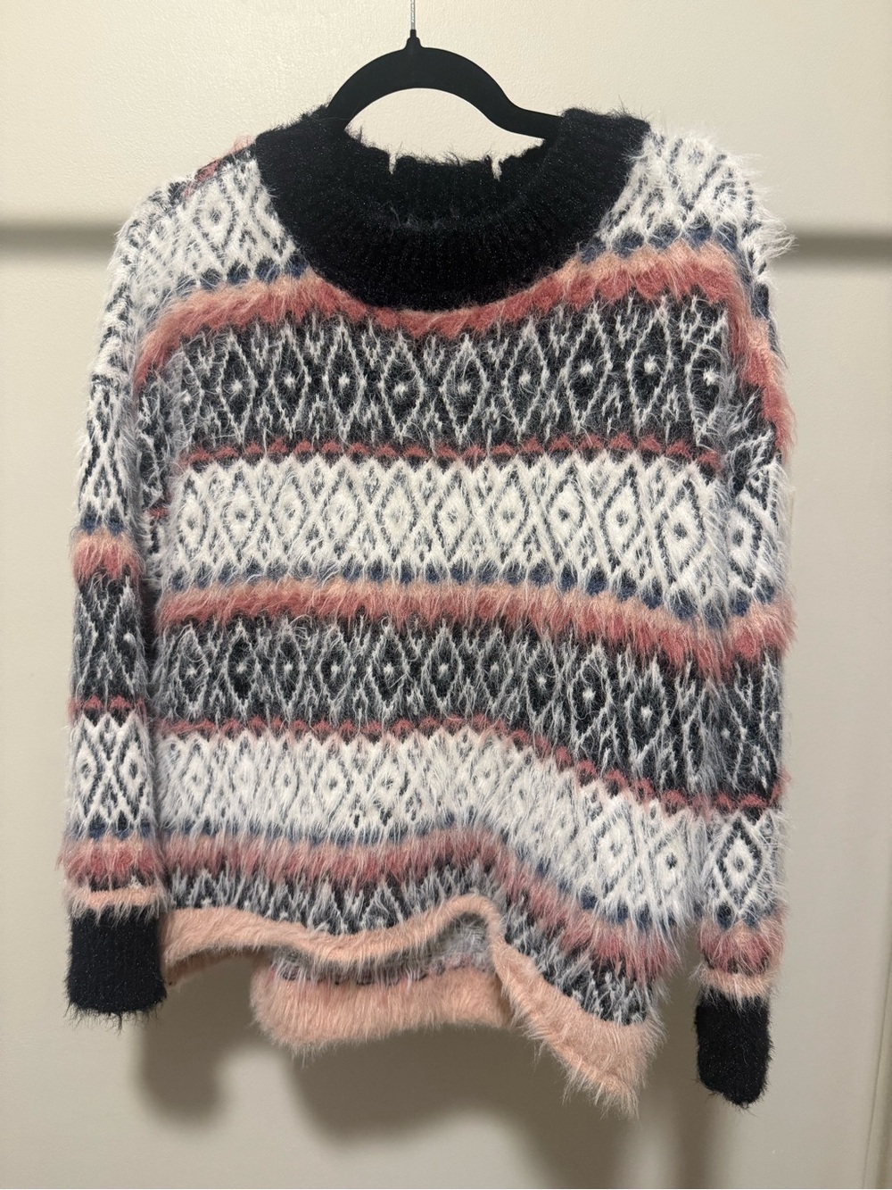 Urban Outfitters Fuzzy Patterned Cowl Neck Sweater in Black, White & Blush